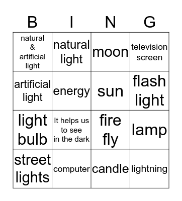 Science:Light/Sound Grade 4  Bingo Card
