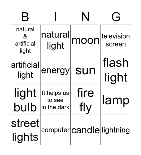 Science:Light/Sound Grade 4  Bingo Card