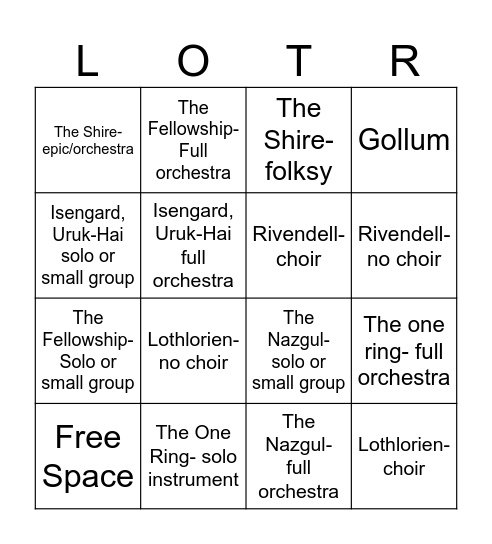 Fellowship Of The Ring- Leitmotif Bingo Card