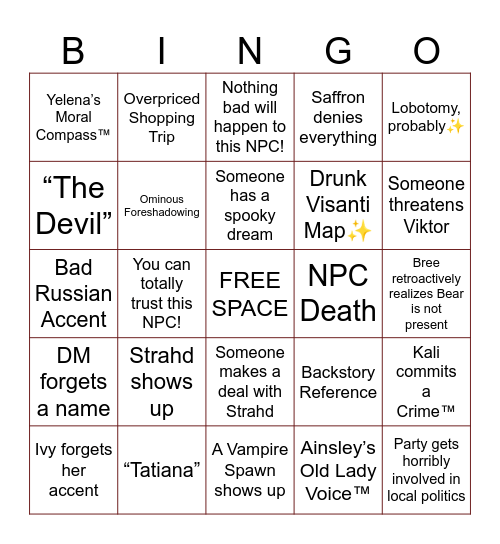Curse of Strahd Bingo Card