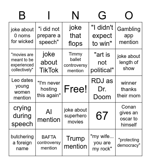 OSCARS NIGHT Bingo Card