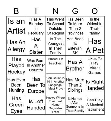 Name: ___________________ Bingo Card