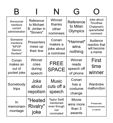 BW Film Society's Oscars Party Bingo Card