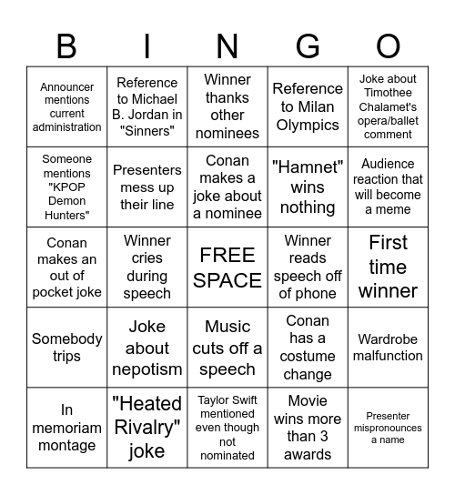 BW Film Society's Oscars Party Bingo Card