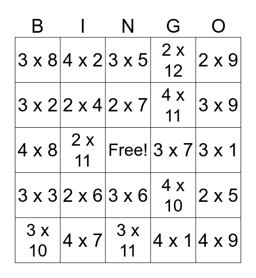 2, 3, & 4 Times Tables Bingo Card