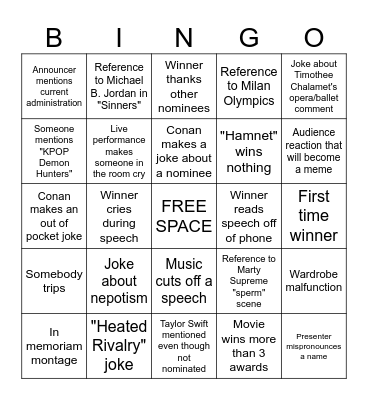 BW Film Society's Oscars Party Bingo Card
