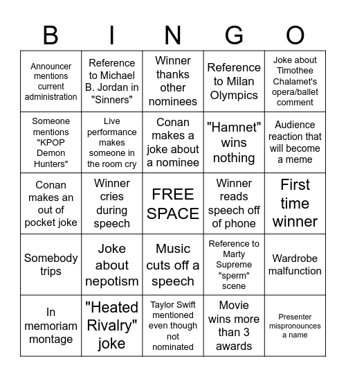 BW Film Society's Oscars Party Bingo Card