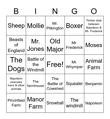 Animal Farm Bingo Card