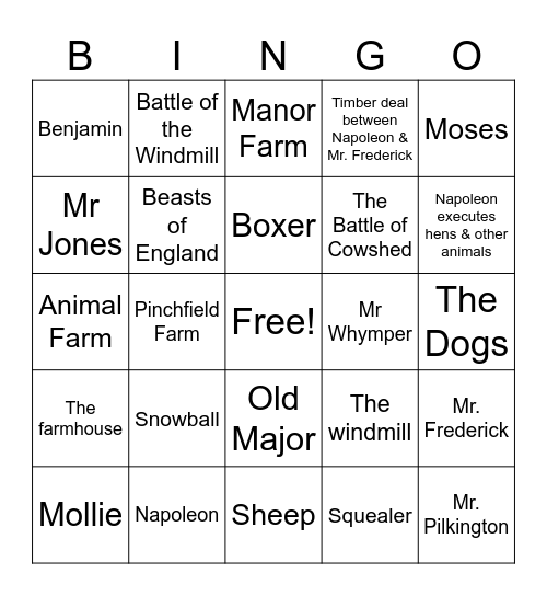 Animal Farm Bingo Card