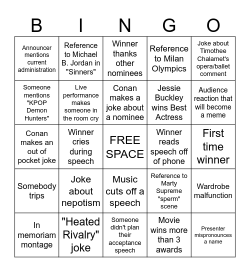 BW Film Society's Oscars Party Bingo Card