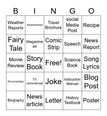 Author's Purpose Bingo Card