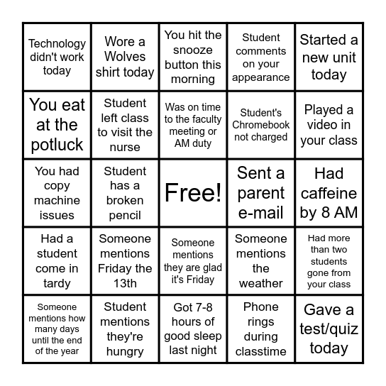 Friday the 13th BINGO Card