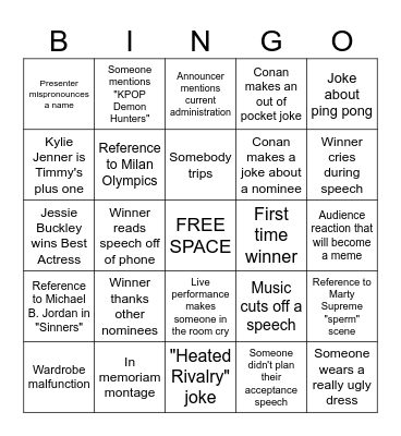 BW Film Society's Oscars Party Bingo Card