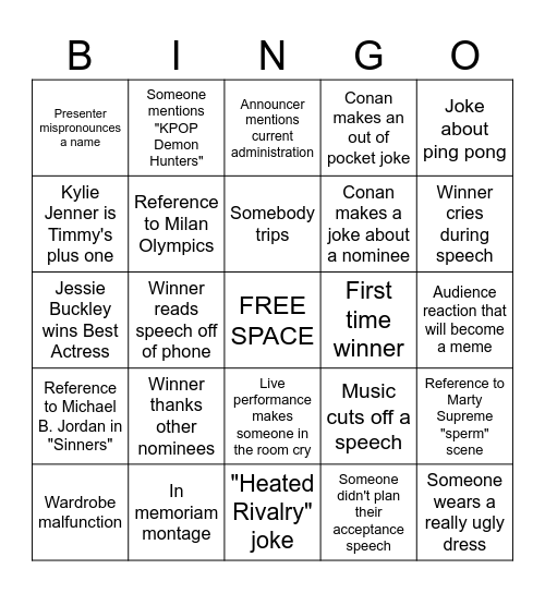 BW Film Society's Oscars Party Bingo Card