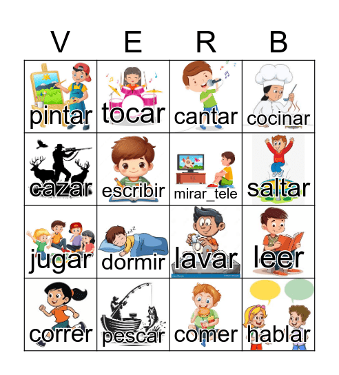Action Word Verbo Bingo Card
