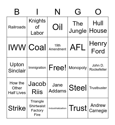 Gilded Age and Progressive Era Bingo Card