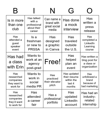 PRSSA Bingo! Bingo Card
