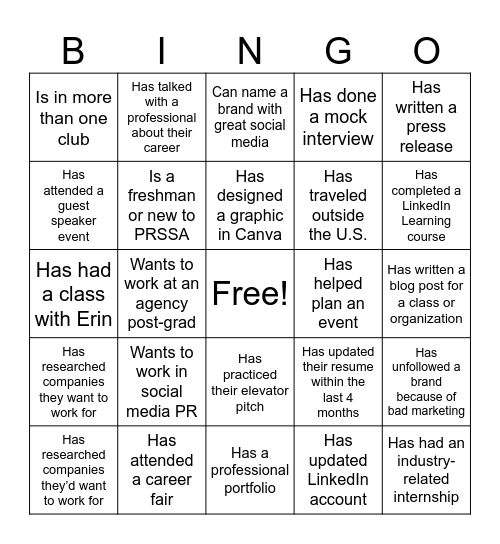PRSSA Bingo! Bingo Card