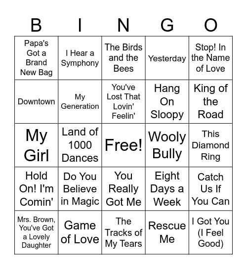 1965 Jukebox Hits Bingo Card