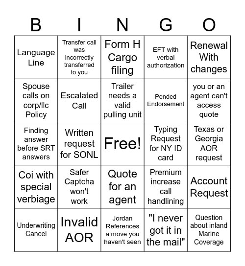 Team Jordan Bingo Card