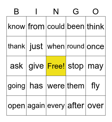 1st Grade Sight Words Bingo Card