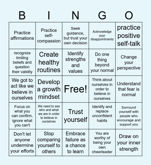 Believe In Yourself Bingo Card