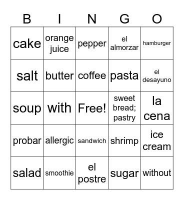 Spanish Vocab Bingo Card