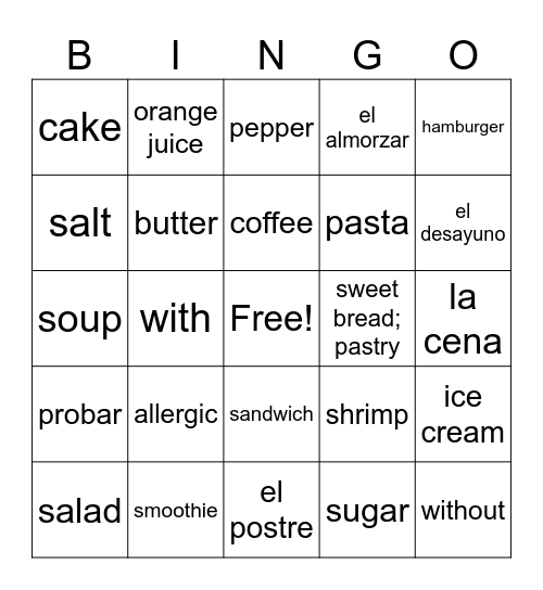 Spanish Vocab Bingo Card