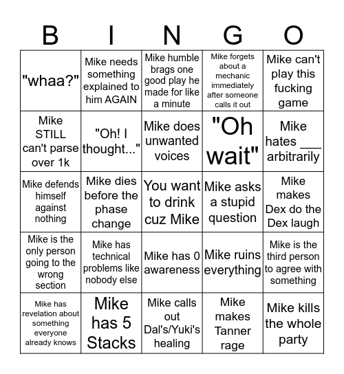 Mike Bingo: FFXIV Edition Bingo Card