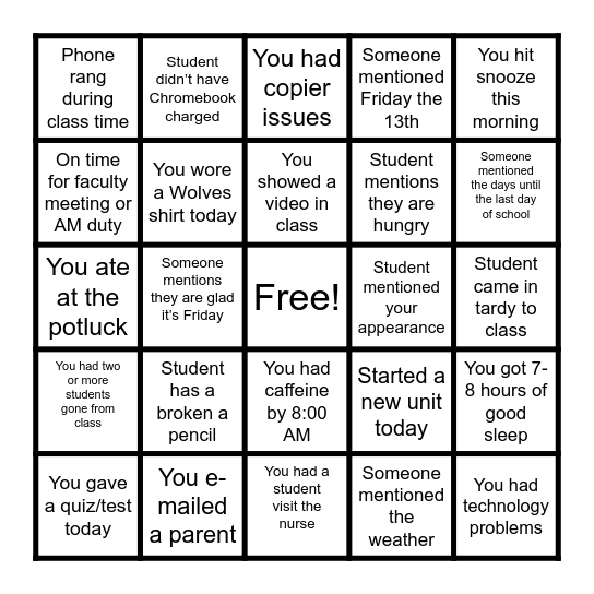 Friday the 13th BINGO Card