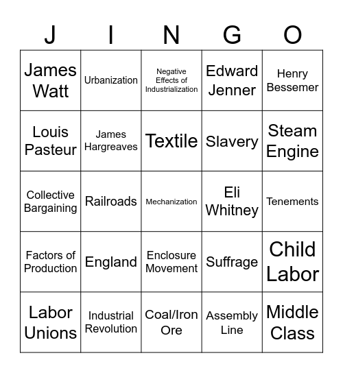 Industrial Revolution Jingo Bingo Card