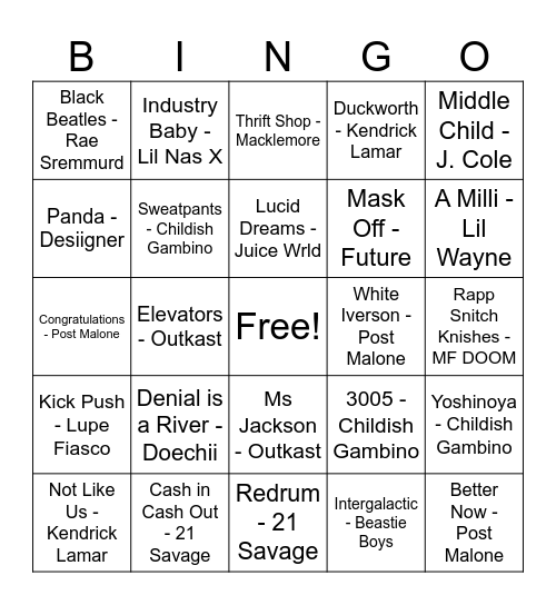 Hip Hop Bingo Card