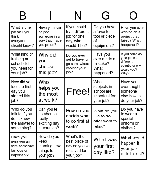 Career Day Bingo Card