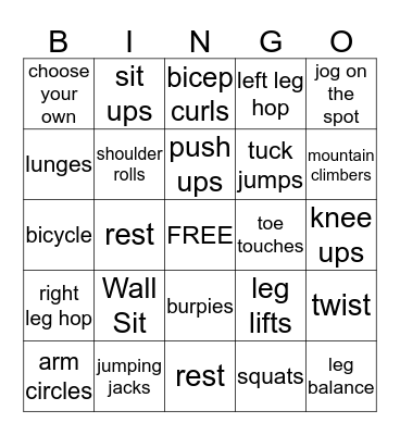 Fitness Bingo Card