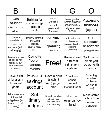 Financial Wellness Bingo Card