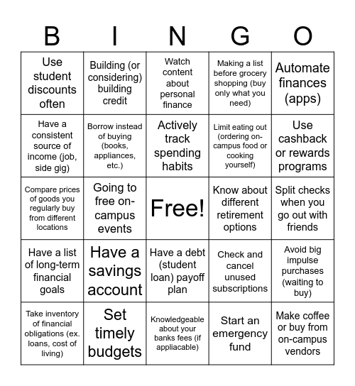 Financial Wellness Bingo Card