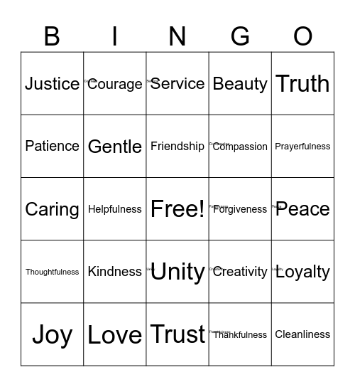 Virtues Bingo Card