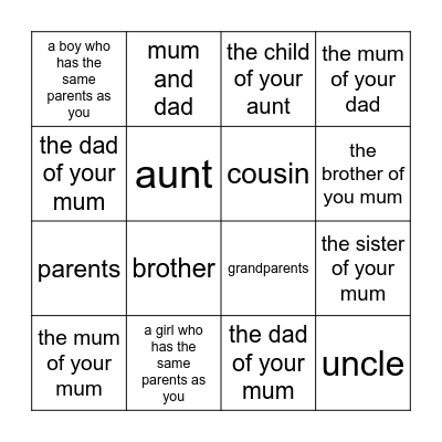 Family members Bingo Card