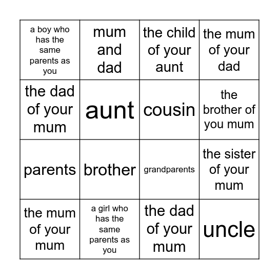 Family members Bingo Card