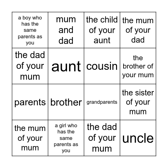 Family members Bingo Card