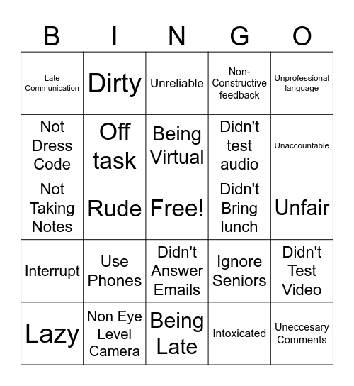 Infraction BINGO! Bingo Card