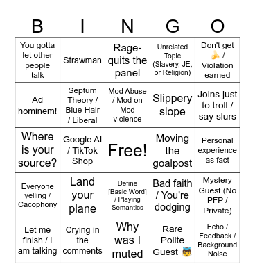 TikTok "Friendly" Debate Live Bingo Card
