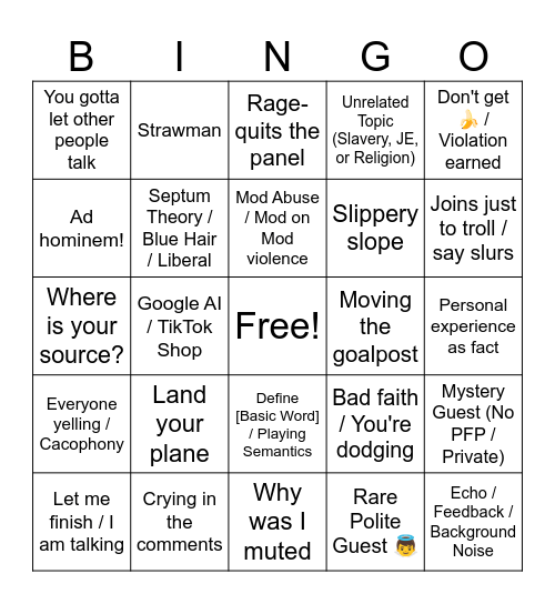 TikTok "Friendly" Debate Live Bingo Card