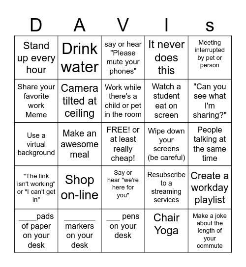 Spring Break Bingo Card