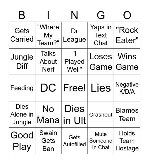 Josh LOL Bingo Card