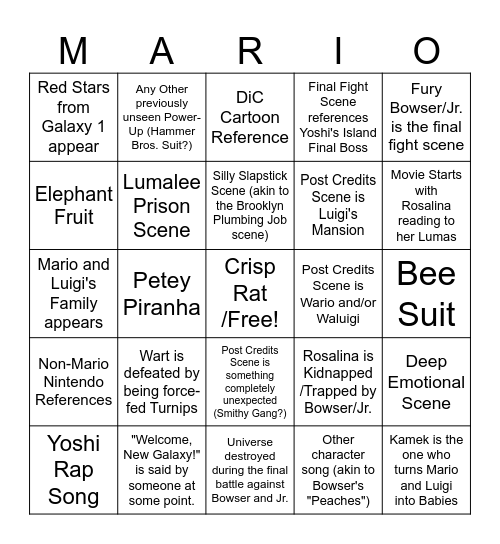 Super Mario Galaxy Movie Bingo Card