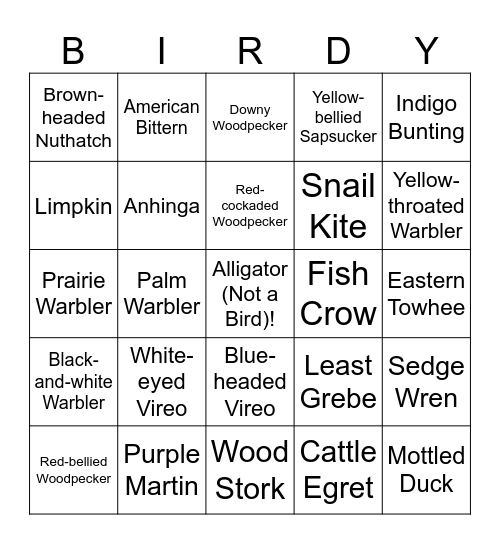 Orlando Birding Bingo Card