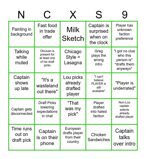 NCX Season 9 Draft Bingo Card