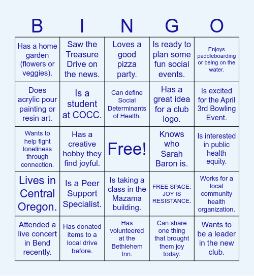 Community Connectors Club Bingo Card