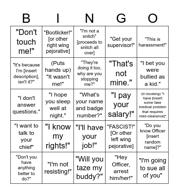 Things People Say to Police Bingo Card